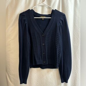 Truth by Republic NWOT Navy Knit Button-Up Cardigan With Puff Sleeve